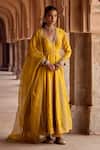 Kritika Dawar_Yellow Silk, Organza Embroidery V-neck Anarkali Set With Dupatta _at_Aza_Fashions