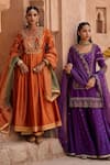 Shop_Kritika Dawar_Rust Silk, Chanderi, Tissue Embroidery Round Neck Dori Hand Anarkali Set _Online_at_Aza_Fashions
