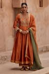 Buy_Kritika Dawar_Rust Silk, Chanderi, Tissue Embroidery Round Neck Dori Hand Anarkali Set _at_Aza_Fashions