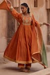 Kritika Dawar_Rust Silk, Chanderi, Tissue Embroidery Round Neck Dori Hand Anarkali Set _Online
