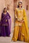 Buy_Kritika Dawar_Mustard , Organza Sequins, Embroidery Round Scalloped Kurta Sharara Set _Online_at_Aza_Fashions