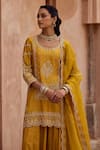Shop_Kritika Dawar_Mustard , Organza Sequins, Embroidery Round Scalloped Kurta Sharara Set _Online_at_Aza_Fashions