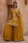 Buy_Kritika Dawar_Mustard , Organza Sequins, Embroidery Round Scalloped Kurta Sharara Set _at_Aza_Fashions