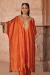 Shop_Kritika Dawar_Rust Silk Pearls V-neck Kaftan And Salwar Set _Online_at_Aza_Fashions