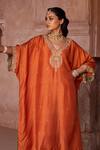 Kritika Dawar_Rust Silk Pearls V-neck Kaftan And Salwar Set _at_Aza_Fashions