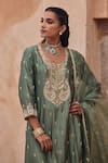 Buy_Kritika Dawar_Green , Organza Pearls, Sequins Split V-neck Embroidered Kurta Set _Online_at_Aza_Fashions