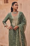 Shop_Kritika Dawar_Green , Organza Pearls, Sequins Split V-neck Embroidered Kurta Set _Online_at_Aza_Fashions