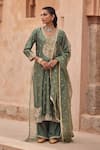 Buy_Kritika Dawar_Green , Organza Pearls, Sequins Split V-neck Embroidered Kurta Set _at_Aza_Fashions