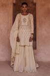 Buy_Kritika Dawar_Ivory Silk, Chanderi Embroidery, Metallic Thread Round Neck Zari Gharara Set _Online_at_Aza_Fashions