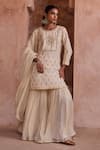 Buy_Kritika Dawar_Ivory Silk, Chanderi Embroidery, Metallic Thread Round Neck Zari Gharara Set _at_Aza_Fashions