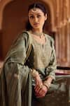 Kritika Dawar_Sapphire Silk, Chanderi, Cotton Embroidery Round Neck Sage Green Zari Kurta Set _Online