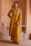 Kritika Dawar_Yellow Chanderi, Silk Round Neck Dabka Embroidered Kurta Set _Online_at_Aza_Fashions