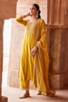 Shop_Kritika Dawar_Yellow Chanderi, Silk Round Neck Dabka Embroidered Kurta Set _Online_at_Aza_Fashions