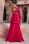 Shop_Kritika Dawar_Magenta Silk, Organza Pearls, Embroidery V-neck Peplum Kurta And Sharara Set _Online_at_Aza_Fashions