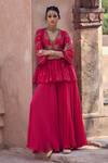 Buy_Kritika Dawar_Magenta Silk, Organza Pearls, Embroidery V-neck Peplum Kurta And Sharara Set _at_Aza_Fashions