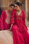 Kritika Dawar_Magenta Silk, Organza Pearls, Embroidery V-neck Peplum Kurta And Sharara Set _Online