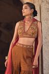 Shop_Kritika Dawar_Brown Tissue, Chanderi Embroidery, Zari V-neck Gharara Set _Online_at_Aza_Fashions