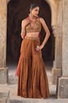 Kritika Dawar_Brown Tissue, Chanderi Embroidery, Zari V-neck Gharara Set _at_Aza_Fashions