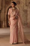 Kritika Dawar_Pink Organza, Pearls Hand Block Printed Saree Set _Online_at_Aza_Fashions