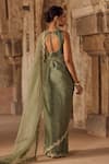 Shop_Kritika Dawar_Green Organza, Pearls Round Neck Sage Hand Block Printed Saree Set _at_Aza_Fashions