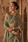 Kritika Dawar_Green Organza, Pearls Round Neck Sage Hand Block Printed Saree Set _Online_at_Aza_Fashions