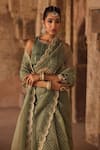 Buy_Kritika Dawar_Green Organza, Pearls Round Neck Sage Hand Block Printed Saree Set _Online_at_Aza_Fashions