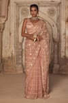 Buy_Kritika Dawar_Pink Organza, Gota Patti, Pearls V-neck Sheer Saree Set _at_Aza_Fashions