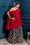 Shop_MONK & MEI BY SONIA ANAND_Red Crepe One Shoulder Maroon Flared Tunic _at_Aza_Fashions