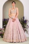 Sue Mue_Pink Silk Organza Sequins, Beads, Pearls Classic Floral Embroidered Lehenga Set _at_Aza_Fashions