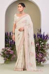 Sue Mue_Green Georgette Sequins, Beads Round Neck Floral Embroidered Saree Set _at_Aza_Fashions