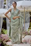 Buy_Sue Mue_Green Organza, Sequins, Beads V-neck Sage 3d Embroidered Saree Set _at_Aza_Fashions