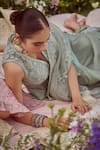 Buy_Sue Mue_Green Organza, Sequins, Beads V-neck Sage 3d Embroidered Saree Set _Online_at_Aza_Fashions