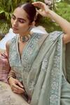 Sue Mue_Green Organza, Sequins, Beads V-neck Sage 3d Embroidered Saree Set _at_Aza_Fashions