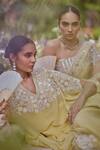 Shop_Sue Mue_Yellow Organza, Sequins, Zari, Beads, Pastel Saree And Corset Blouse _Online_at_Aza_Fashions