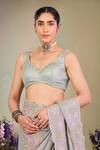 Buy_Sue Mue_Gray Georgette Pearls, Beads, Sequins Round Neck Grey Embroidered Saree Set _Online_at_Aza_Fashions