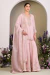 Buy_Sue Mue_Pink Silk Organza Sequins, Beads, Embroidery Split V-neck Pastel Kurta Set _at_Aza_Fashions