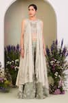 Sue Mue_Green Silk Organza, Georgette Sequins, Sage Floral Embroidered Sharara Set _at_Aza_Fashions