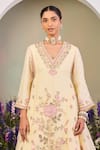 Sue Mue_Yellow Silk Organza Sequins, Beads V-neck Light Embroidered Anarkali Set _at_Aza_Fashions