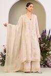 Buy_Sue Mue_Beige Silk Organza Embroidery, Sequins, Beads, Zari V-neck Kurta Set _at_Aza_Fashions