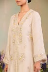 Sue Mue_Beige Silk Organza Embroidery, Sequins, Beads, Zari V-neck Kurta Set _Online_at_Aza_Fashions
