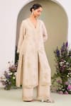 Sue Mue_Beige Silk Organza Embroidery, Sequins, Beads, Zari V-neck Kurta Set _at_Aza_Fashions