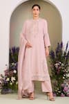 Buy_Sue Mue_Pink Georgette, Silk Organza Beads, Embroidery Keyhole Neck Pastel Kurta Set _at_Aza_Fashions