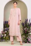 Sue Mue_Pink Georgette, Silk Organza Beads, Embroidery Keyhole Neck Pastel Kurta Set _at_Aza_Fashions
