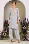 Sue Mue_Blue Georgette, Silk Organza Embroidery, Sequins, Beads Split Ice Kurta Set _at_Aza_Fashions