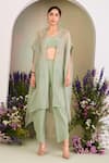 Buy_Sue Mue_Sapphire Silk Organza, Crepe Sequins, Sage Green Embroidered Cape And Pant Set _at_Aza_Fashions