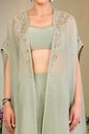 Shop_Sue Mue_Sapphire Silk Organza, Crepe Sequins, Sage Green Embroidered Cape And Pant Set _Online_at_Aza_Fashions