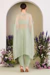 Shop_Sue Mue_Sapphire Silk Organza, Crepe Sequins, Sage Green Embroidered Cape And Pant Set _at_Aza_Fashions