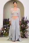 Sue Mue_Blue Georgette Beads, Stones, Pearls Round Neck, Ice Fusion Style Kurta Set _at_Aza_Fashions