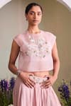 Sue Mue_Pink Chiffon, Silk Beads, Stones, Sequins Round Neck Pastel Fusion Set _Online_at_Aza_Fashions