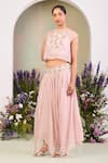 Shop_Sue Mue_Pink Chiffon, Silk Beads, Stones, Sequins Round Neck Pastel Fusion Set _Online_at_Aza_Fashions